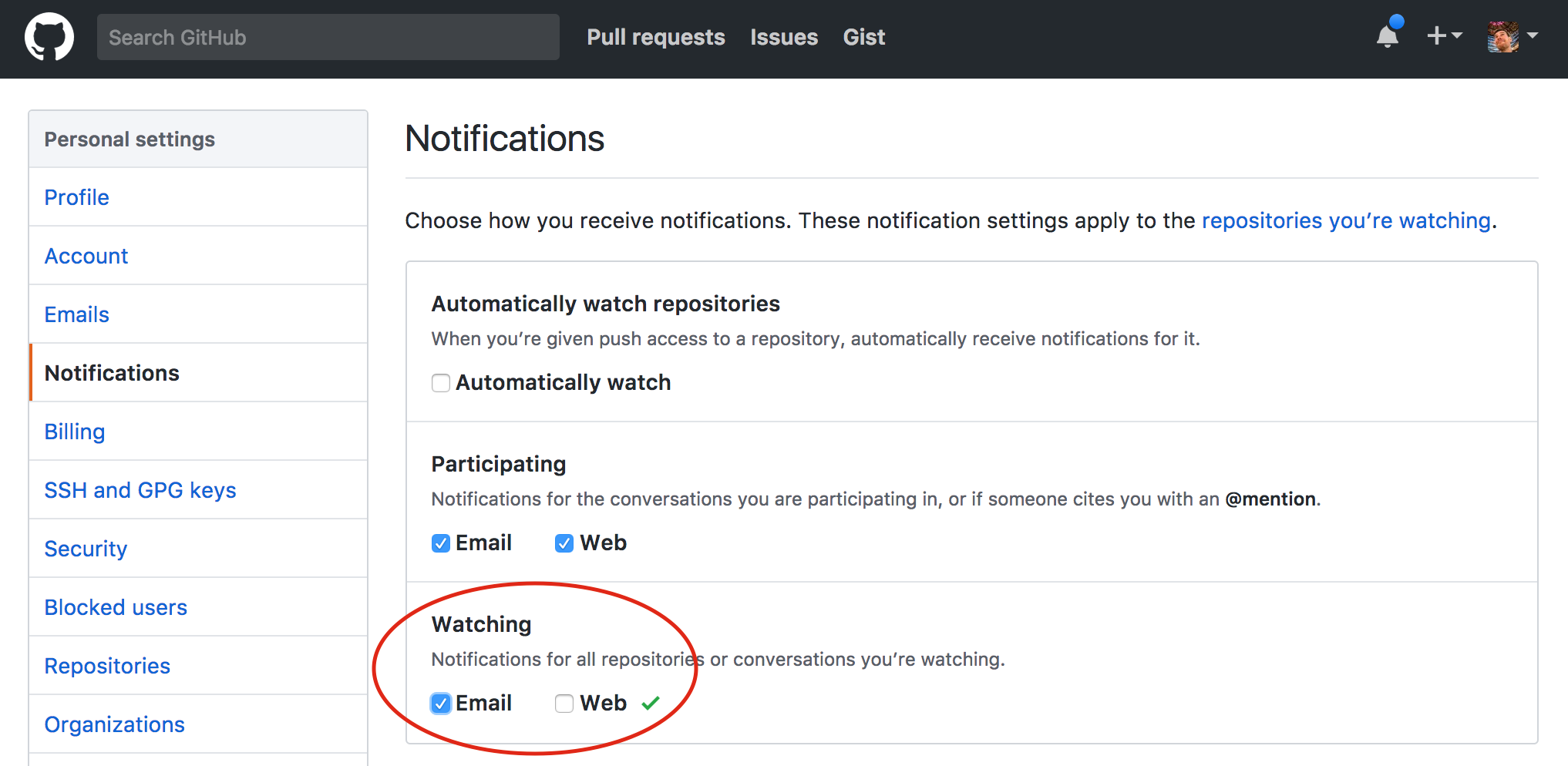 GitHub notification settings